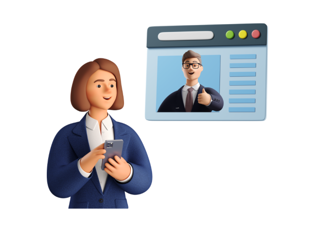 Illustration d'une femme en costume bleu accompagnant un client à distance
