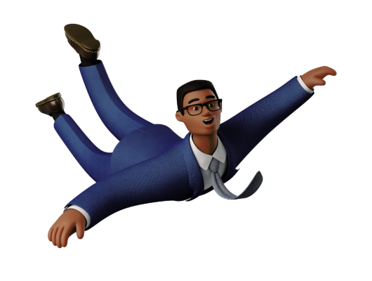 Illustration sur fond transparent d'un homme en costume bleu et lunettes noires survolant la page web