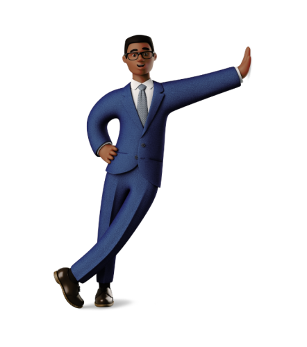 Illustration d'un homme en costume bleu et lunettes noires tenu debout dans une posture confiante et ouverte avec une main sur la hanche et l'autre adossée au mur